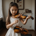 A talented girl violinist performing gracefully, illustrating her musical journey.