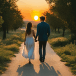 Golden hour romance captured as a couple holds hands during a sunset walk.