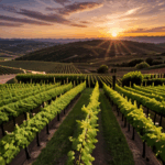 Golden sunlight cast over a sprawling vineyard, highlighting the rows of vines under a mesmerizing sunset sky.