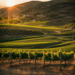 Golden glow enveloping a vineyard as the sun sets, highlighting lush grapevines.