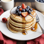 A scrumptious stack of pancakes with syrup and berries, offering a delightful start to any day.