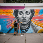 A graffiti artist adding bold colors and designs to a city wall mural.