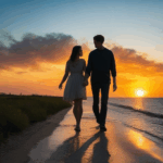 Hand in hand, a couple shares a romantic moment as the sun sets behind them.