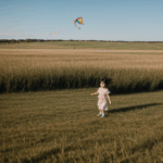 A happy child with a kite in hand, standing in a grassy area, smiling as the kite dances above.