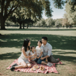 Parents and children laughing together at a park picnic, surrounded by trees and nature.