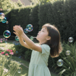 A girl in a garden blowing bubbles, with the sun illuminating her joyful expression and the bubbles floating around.