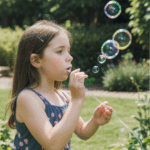 A cheerful girl engaged in bubble play in a sunlit garden, enveloped in warmth and carefree joy.