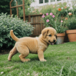 A happy puppy rolling in the grass, basking in the warmth of the garden, with a look of pure delight.