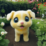 A happy puppy exploring every corner of a lush, colorful garden.