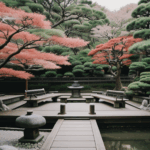 Harmonious garden scene in a Japanese zen garden with sand patterns.