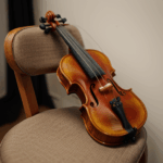 A violin elegantly situated on a wooden chair, capturing the essence of music.