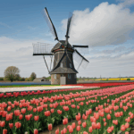 Historic Dutch windmills rise above blooming tulip fields, offering a scenic view of cultural and natural wonders.