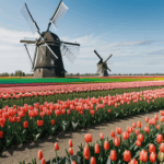 A historic windmill gracefully towers over colorful tulip fields, creating a picturesque and serene landscape full of cultural charm.