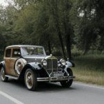 Historical vehicle positioned in a countryside panorama, illustrating the blend of old-world charm and scenic rural landscapes.