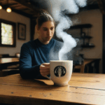 A steaming cup on a wooden table creates a cozy corner for coffee enjoyment.