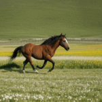 A majestic horse galloping freely across a lush green meadow, embodying the essence of freedom and nature.