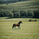 A majestic horse running freely across a lush green meadow, showcasing its grace and power in the wild.