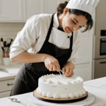 Demonstrating icing techniques on a cake for a stunning visual effect.