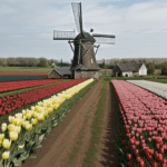 An iconic Dutch windmill stands amidst a colorful tapestry of tulips, blending historic architecture with nature's palette.