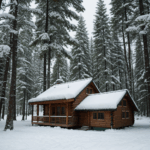 An idyllic forest cabin blanketed in snow, offering tranquility and beauty.