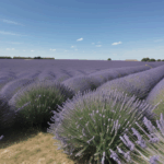 Idyllic lavender fields offer a peaceful retreat under the vast blue sky.