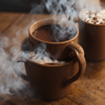 Indulgent hot cocoa with a hint of vanilla, served in a rustic mug for ultimate warmth.