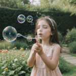 A child blowing bubbles in a sun-drenched garden, capturing the essence of carefree summer play.
