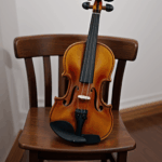 An artistic arrangement of a violin on a wooden chair, showcasing craftsmanship.