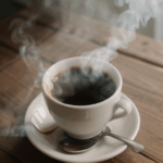 An inviting scene of a steaming coffee cup on a rustic wooden table.