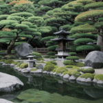 A peaceful Japanese zen garden with meticulously arranged rocks and sand.