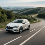 Journey down a hill, with a car capturing the thrill of the ride.