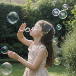 A cheerful child immersed in blowing bubbles in a bright, sunlit garden, showcasing pure innocence and joy.