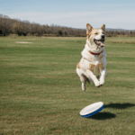 A delighted dog skillfully catches a frisbee, radiating happiness and energy on a bright day.