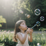 A joyful scene of a girl blowing bubbles amidst the greenery of a sunlit garden, filled with laughter and fun.
