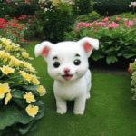 A small puppy experiencing pure joy while playing in a vibrant garden.