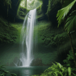 Cascades of a magnificent waterfall nestled in a lush jungle, highlighting the tranquility of nature.