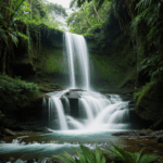 The serene jungle oasis featuring a majestic waterfall, offering a tranquil escape into nature's embrace.