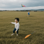A young kid running in a lush, green field, holding onto a kite string as the colorful kite glides through the air.