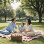 Children playing and laughing in the park during a family picnic outing.