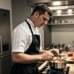 Chaotic yet organized kitchen scene, featuring chefs at work.