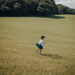 A beautiful scene of a kite soaring high in the sky, with a child holding the string below in a vast, open field.