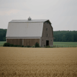 Inspiring landscape of rustic barns and vast green fields.
