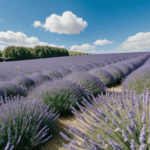 Lavender fields and blue sky create a serene and colorful outdoor scene.