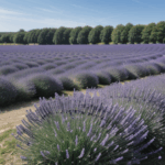 A beautiful lavender farm stretches under a clear blue sky, offering tranquil views.
