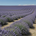 A vast lavender field stretches under a clear blue sky, creating a serene and calming landscape.
