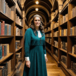 An enchanting view of a classic library's interior, with rows of tall bookshelves filled with literary treasures.
