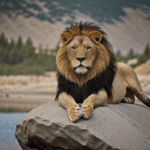 Graceful lion majestically seated on a rock, embodying power and elegance.