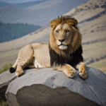 Lion in its natural habitat, sitting on a rock with a majestic presence.
