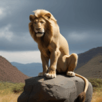 Lion in its natural habitat, perched on a rock, symbolizing wilderness majesty.