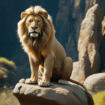 Lion in the savannah, majestically seated on a rock, a wildlife spectacle.